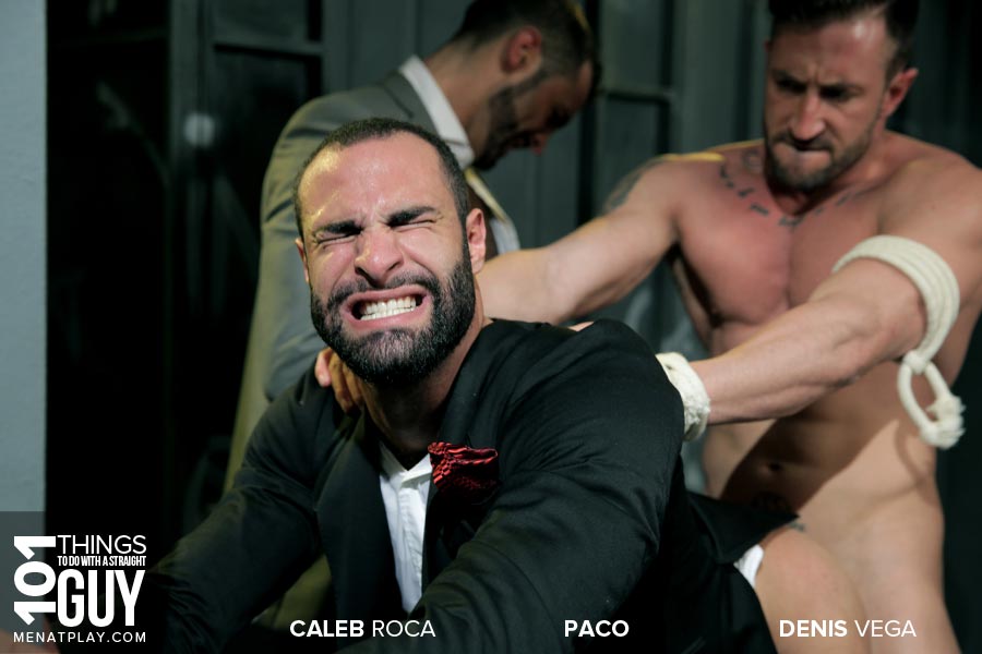 Denis Vega and Caleb Roca tag-team Paco in a threesome for gay porn site Men At Play.