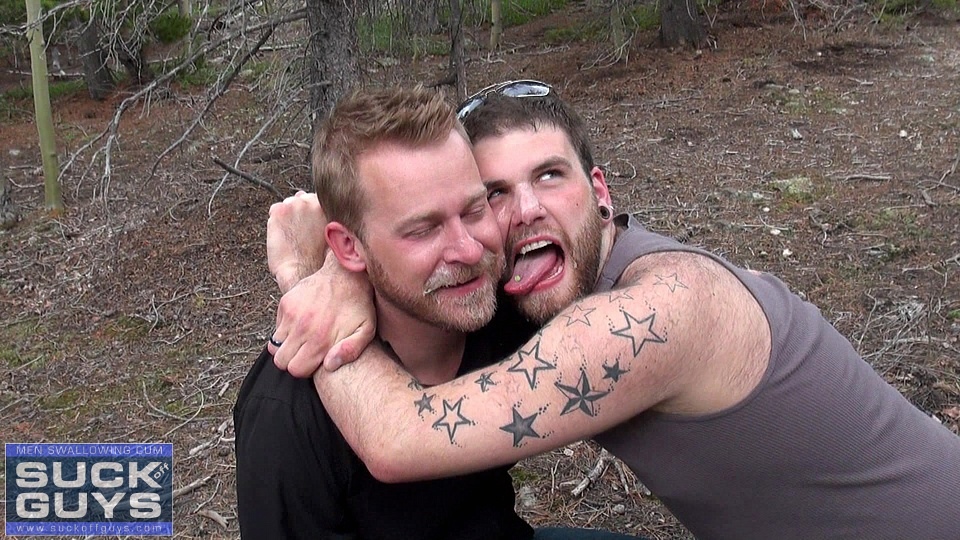 Tyler Beck and Aaron French give Seth Chase an outdoor blowjob in the woods for gay porn site SUCK off GUYS.