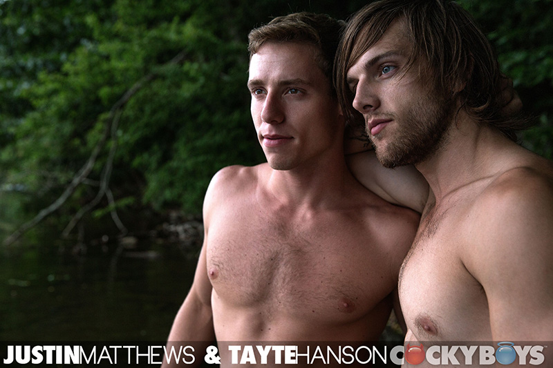 Tayte Hanson and Justin Matthews both bottom for the first time in a scene for gay porn site Cocky Boys.