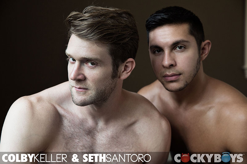 Colby Keller shoots a huge load onto Seth Santoro in an epic cum covered finale for their scene on gay porn site Cocky Boys.
