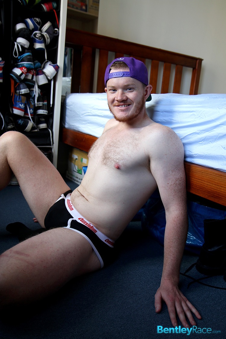 Redheaded rugby player Beau Jackson sucks dick in his gay porn debut for Bentley Race.