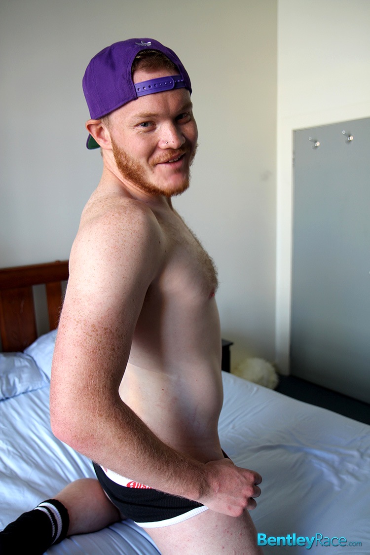 Redheaded rugby player Beau Jackson sucks dick in his gay porn debut for Bentley Race.