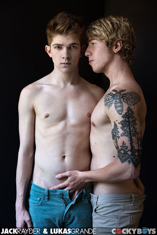 Lukas Grande and Jack Rayder in a gay porn scene for Cocky Boys.
