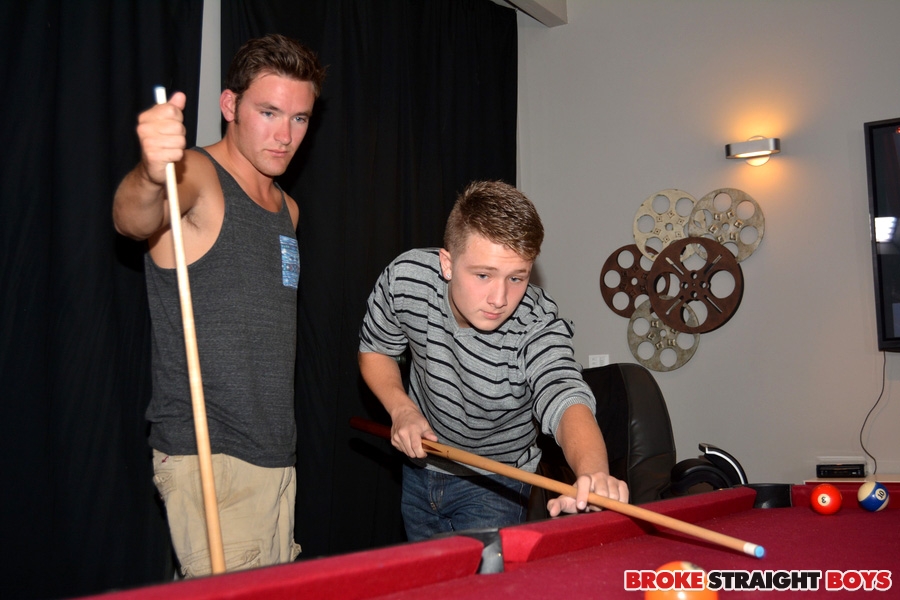 Ian Dempsey gets gangbanged by Brody Lasko, David Hardy and Ronan Kennedy on a pool table in a group sex scene for gay porn site Broke Straight Boys.