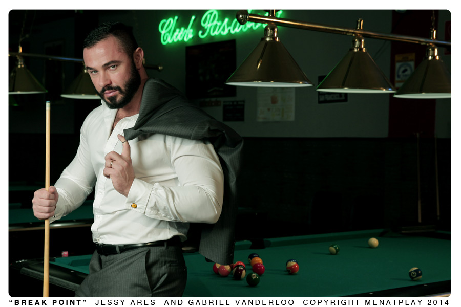 Jessy Ares fucks Gabriel Vanderloo in a gay porn pool table fuck for Men At Play.