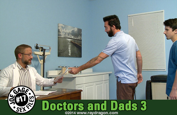 Dirk Caber, Tom Nero and Mike Chambers in Joe Gage Sex Files 17 Doctors and Dads 3, a gay porn incest daddy son film by Dragon Media.
