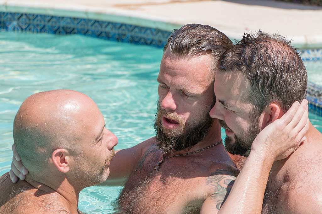 Bone Flexx bottoms for Sailor Blue and Aiden Storm in a pool sex gay porn threesome for bear site Hairy and Raw.