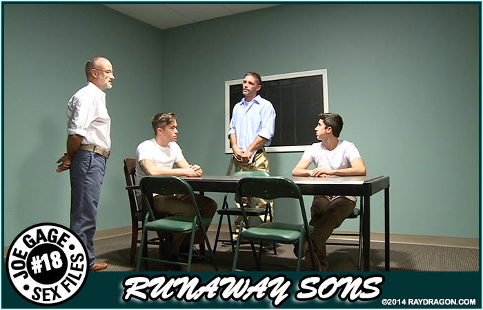 Joe Parker, Justin Beal, Leo Sweetwood, Josh Kole and Gianni Purelli in an orgy for the gay porn film Runaway Sons by director Joe Gage.