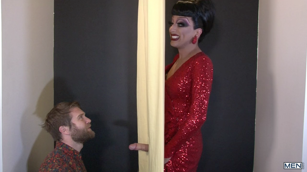 Colby Keller sucks off Bianca Del Rio in the gay porn scene Look What The Boy Dragged In for gay porn site Str8 to Gay.