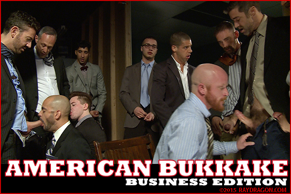 Justin Beal, Brock Rustin, Josh Kole and more in the gay porn group oral sex scene from American Bukkake Business Edition by director Joe Gage.