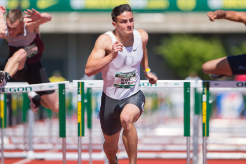 Oregon hurdler Devon Allen crosses the line after finishing first in the 110m hurdles. The Oregon Ducks host day 3 of the Oregon Relays at Hayward Field in Eugene, Ore. on April 16, 2016. (Adam Eberhardt/Emerald)